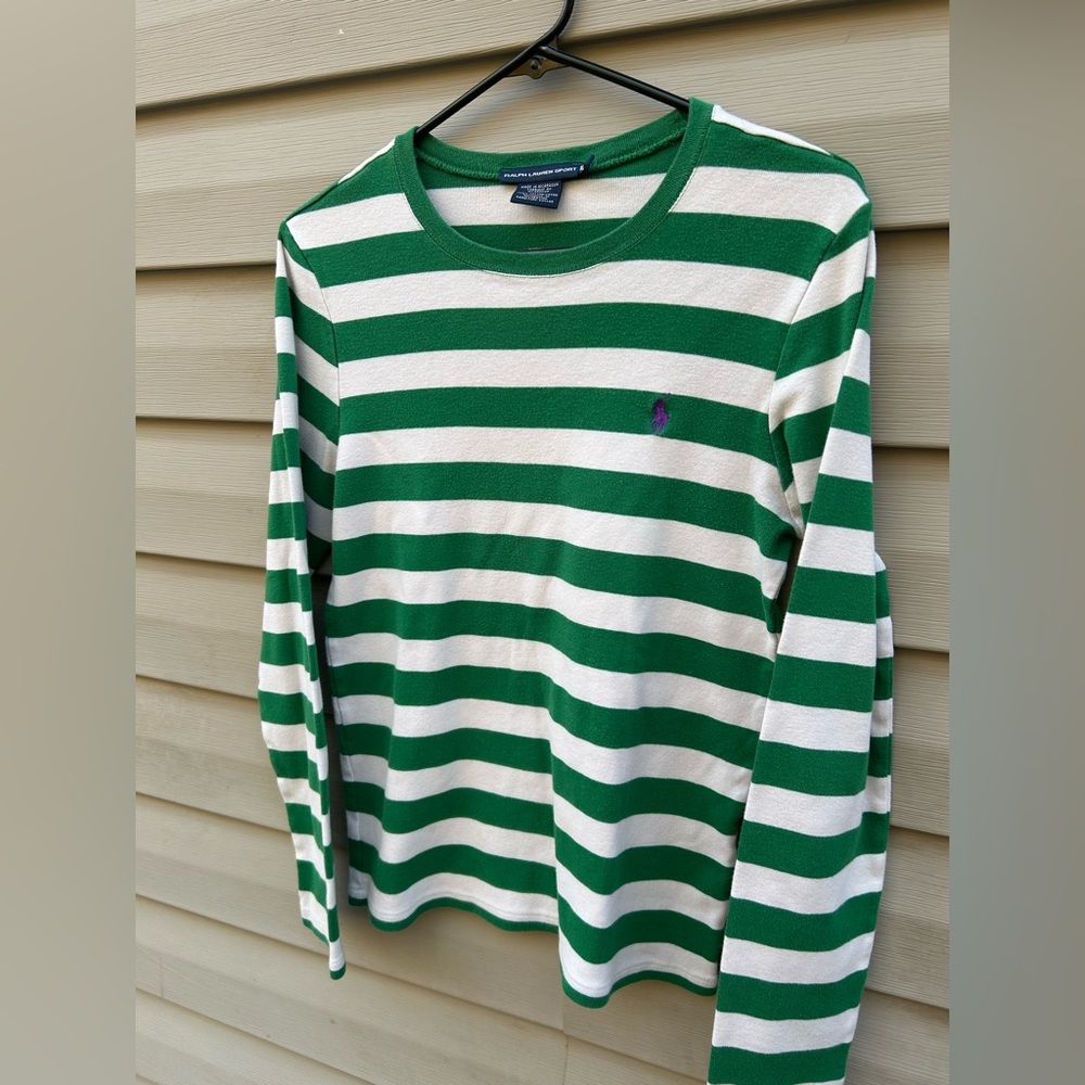 Ralph Lauren Green and White Striped Long Sleeve Tee